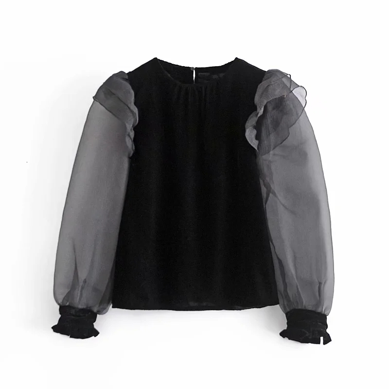 

2021 New Black Velvet Women Vintage Organza Ruffle Semi Sheer Long Puff Sleeve Blouse Female Casual Streetwear Top Lx54