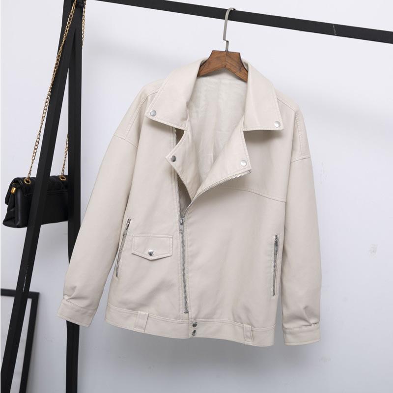 

New Spring Autumn Women Faux Soft Leather Jacket Casual Loose Pu Motorcycle Punk Leather Coat Female Zipper Rivet Overcoat, Beige