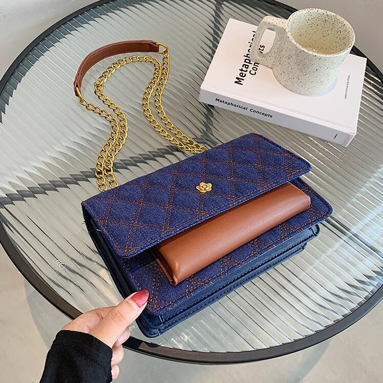 

Wholesale factory ladies leather shoulder bags elegant solid color canvas denim bag street trend plaid handbag hundred hitchhiking sewing fashion handbag, Blue(boutique box)