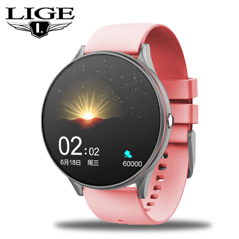 

LIGE New Full Touch Screen Smart Watch Women Multifunctional Sport Heart Rate Blood Pressure IP67 Waterproof Smartwatch+Box 201114, Pink