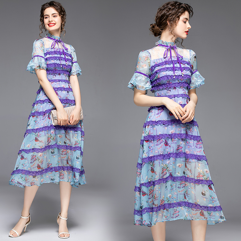 

2021 New Merchall Summer French Style Runway Female Bow Tie Collar Ruffles Sleeve Splicing Lace Holiday Chiffon 98yp, Graph coloring