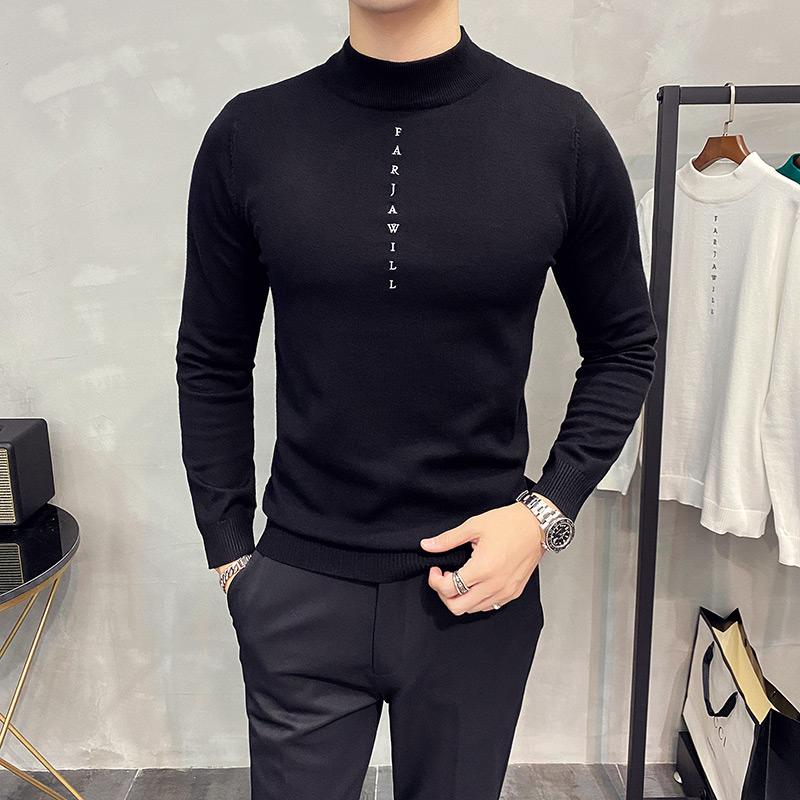 

2021 Autumn Winter Men's Sweater British Slim Long Sleeve Base Knitted Pullovers Male Half Turtleneck Knittwear Pullover Homme, Black