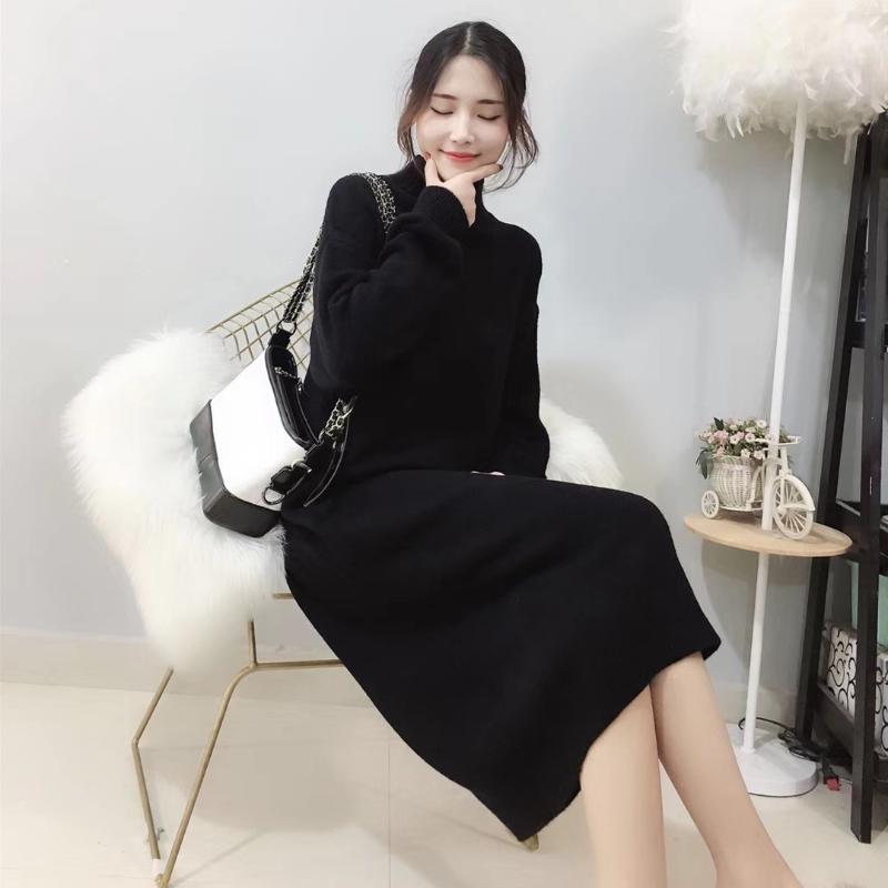 

Autumn Winter Plus Size Original Ladies Artistic Turtleneck Sweater Dress Solid Color Knitted Long Loose Dresses Lantern Sleeve, Cf2012045 black