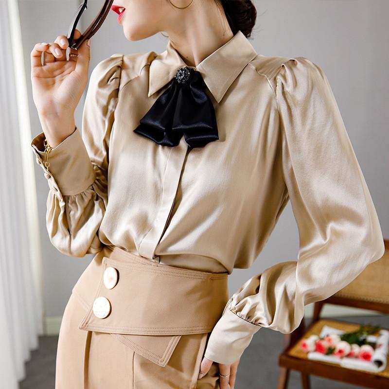 

2021 Spring Designer Luxury 100% Silk Satin Blouse Women Elegant Lantern Sleeve Bowknot Solid Office Party Business Shirts Tops, Pink