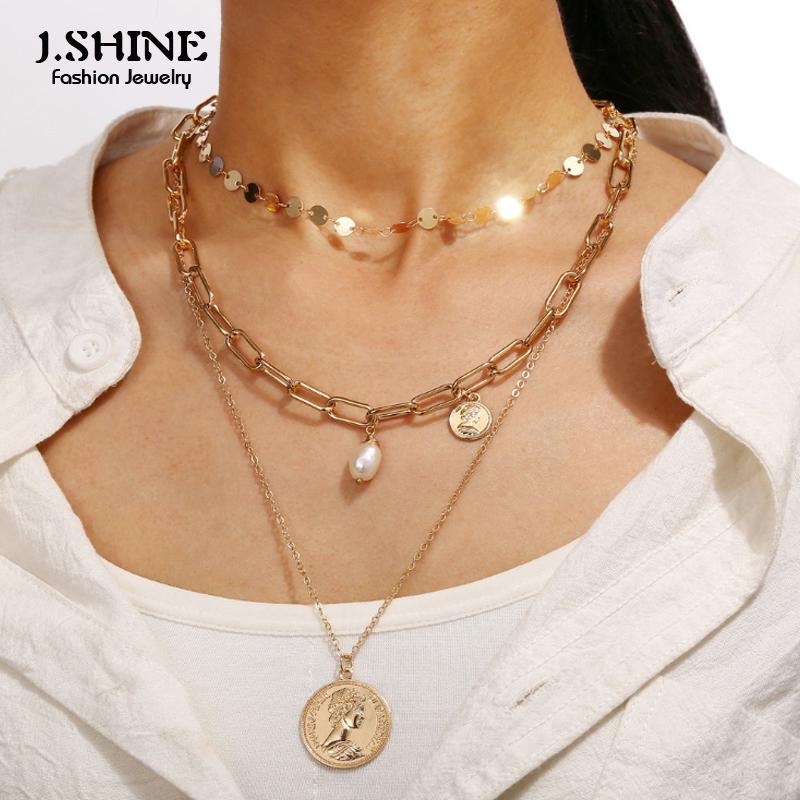 

JShine Hyperbole Layered Link Chain Necklaces Women Queen Portrait Coin Baroque Simulated Pearl Pendant Necklace Fashion Jewelry