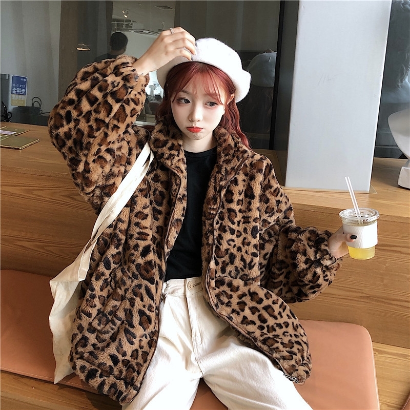 

Warm Winter Fashion Fcket Vintage Collar with Zipper Outwear Lady Loose Skin Size From Fake Superior Streetwear 2OP1emale Leopard Ja, Brown