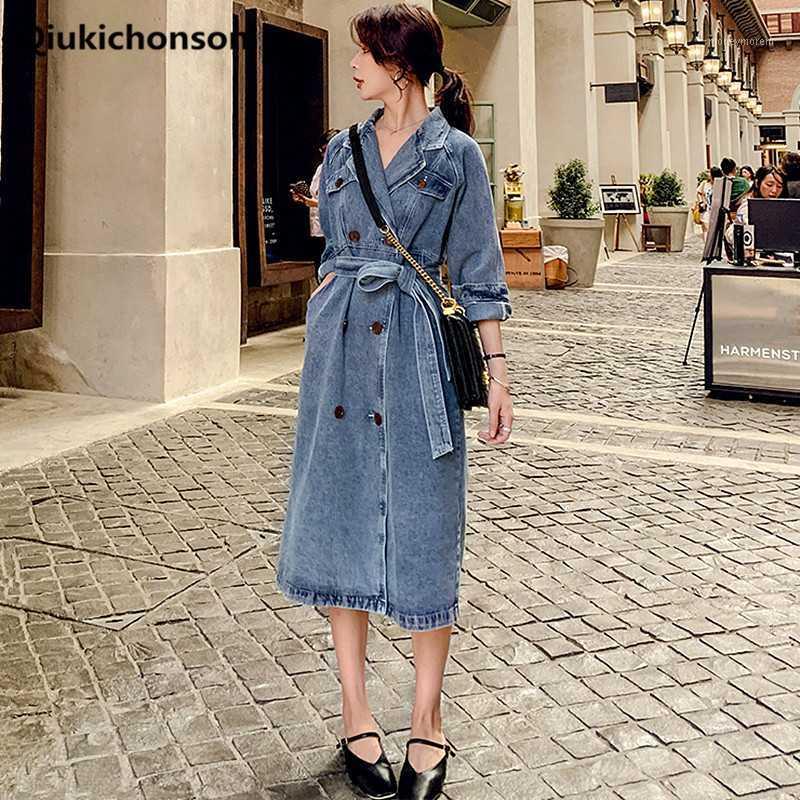 

Plus Size Long Trench Coat Ladies Spring Autumn Vintage Notched Collar Double-breasted Windbreaker Women Belted Tunic Denim Coat1, Denim blue