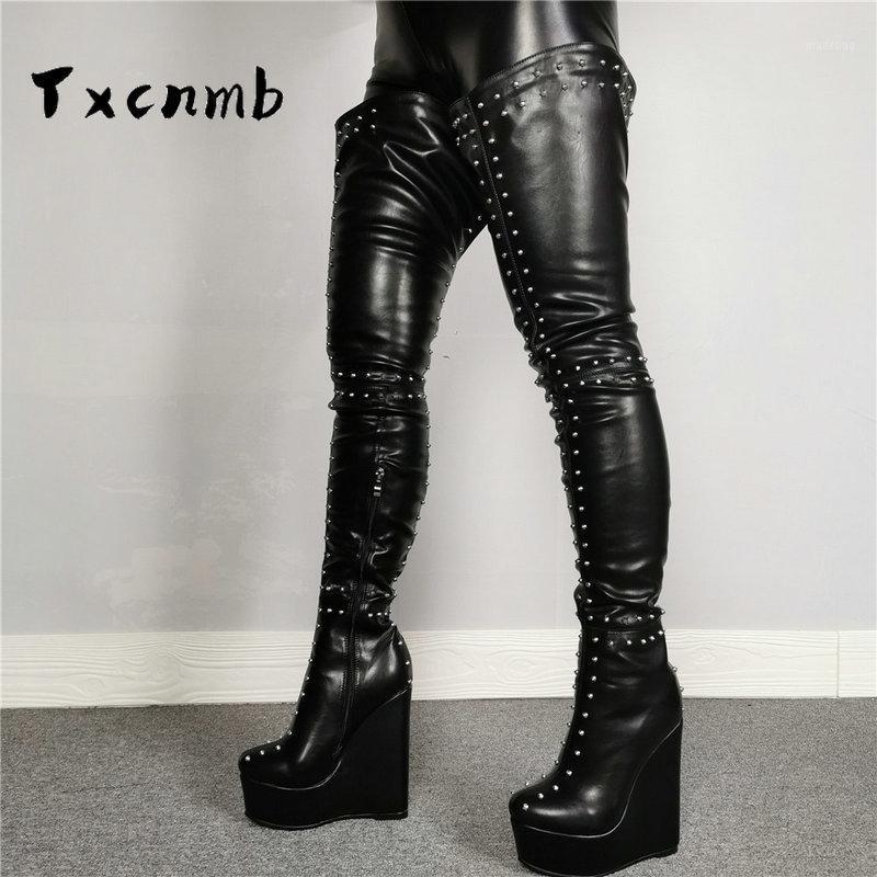 

TXCNMB Women Thigh High Platform Wedges Boots Back Zip Boots Shoes Woman Over Knee Genuine Leather Plus Size 43 44 471, Black
