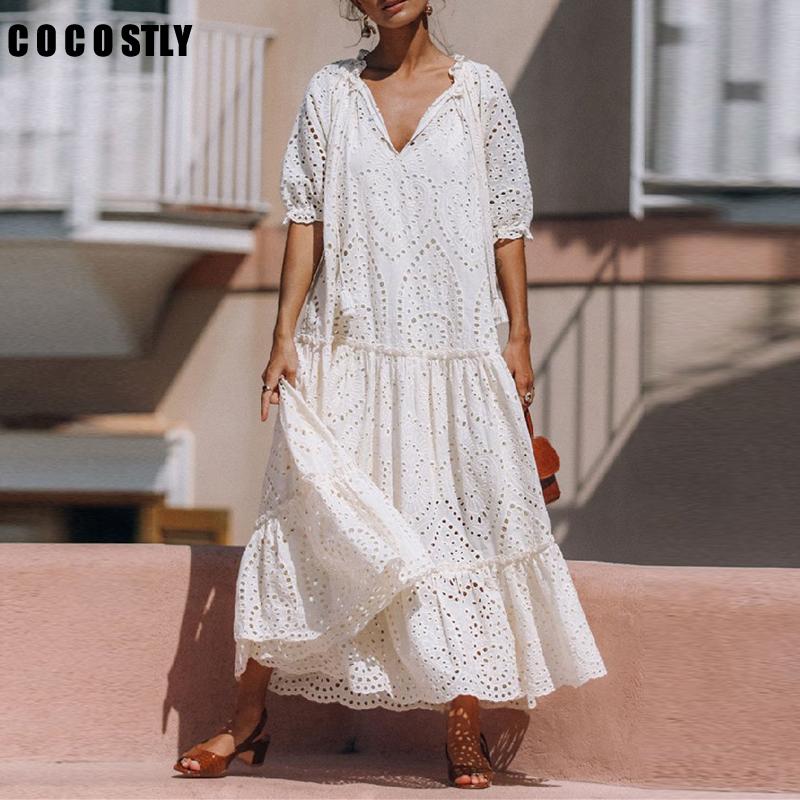 

woman dress white long boho dress ladies V-neck Hollow Out Embroidery summer new 2020 maxi dresses for women robe femme, Black