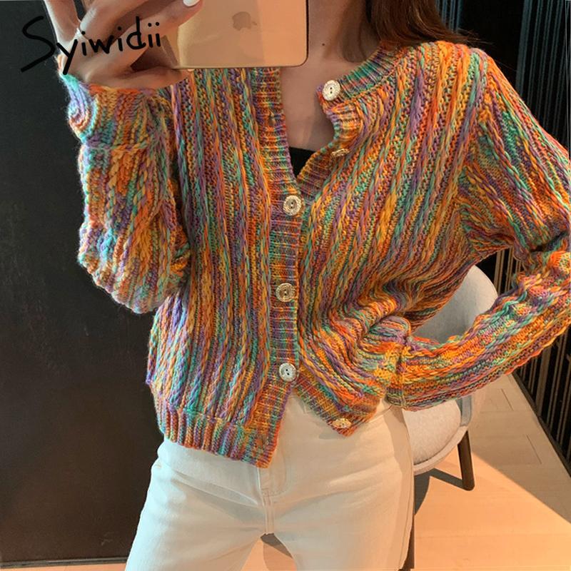 

syiwidii rainbow sweater women 2021 stripes knitted fashion girls sweaters slim sexy colorful korean top harajuku cardigan women, Red