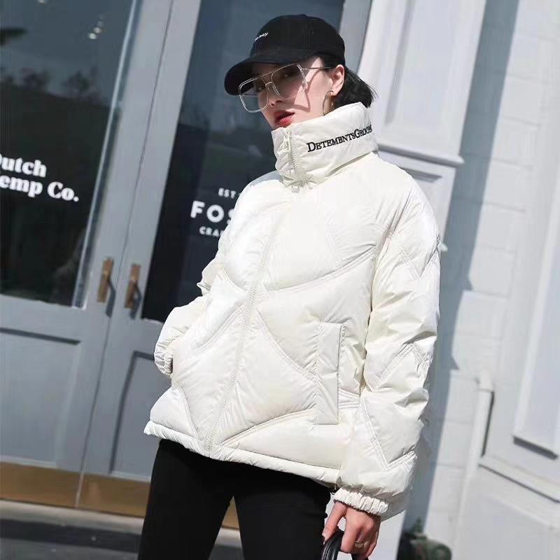 

2020New Winter Coats PU Bright silk Embroidery Letters Brief paragraph down Jacket Coat Women's Clothing Stand Collar Parkas, Black