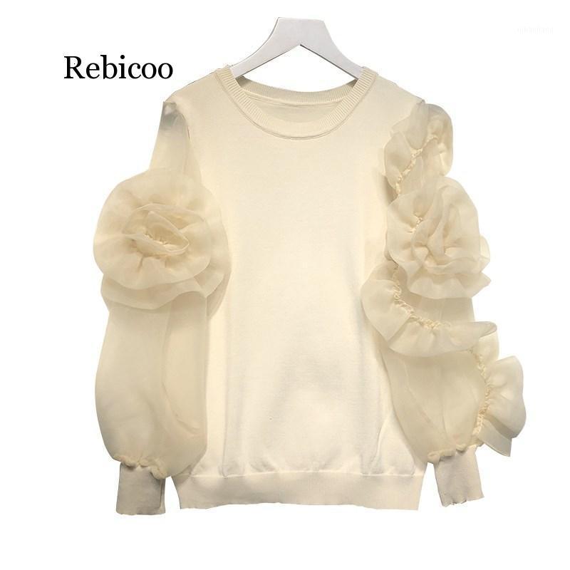 

Women Autumn Organza Patchwork Knitted Pullover Sweater Vintage Lantern Sleeve 3D Flower Casual Sweater Pullovers Loose Tops1, Black