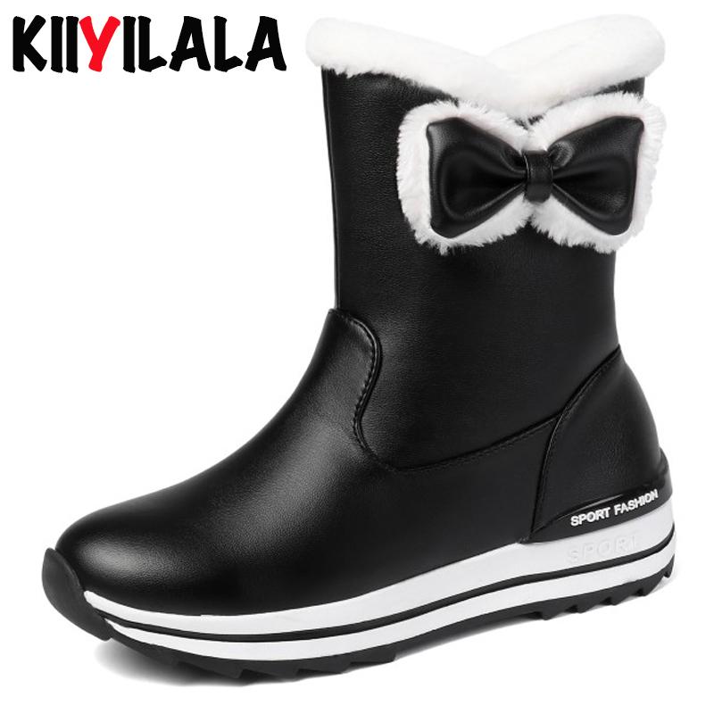 

Kiiyilala Zipper Butterfly-knot Snow Boots Women Booties Flat Heels Round Toe Warm Plush Woman Ankle Boots Winter Platform Shoes, White