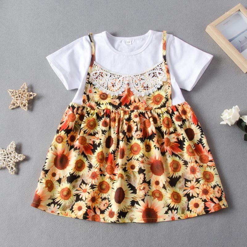 

2020 Summer Girl's Short-Sleeved Dress Full Printed Princess Dress1, White