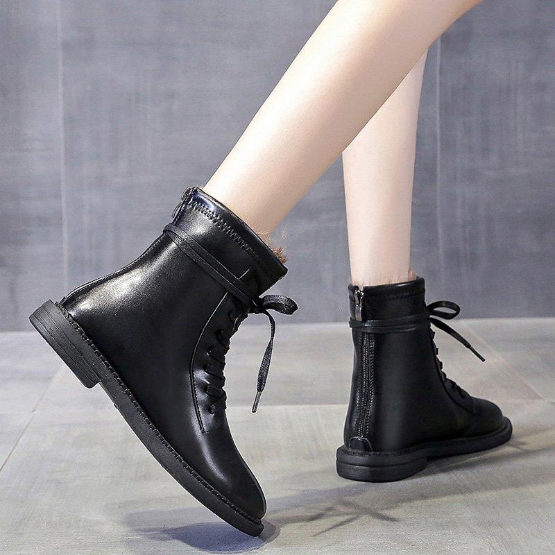

Lace-Up Black Short Boots Women Fur Leather Plush Lining Warm Winter Furry Boot Ladies Fashion Low Heels Ankle Boots