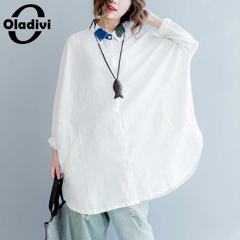 

Oladivi Plus Size Long Sleeve Cotton Linen White Blouse Women Spring Autumn 2021 Casual Shirt Long Tunic Top 3XL 4XL 5XL 6XL 7XL