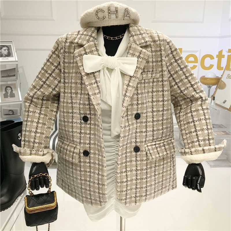 

Temperament Lapel double breasted fashion suit Women's 2021 Retro Plaid loose and thickened woollen Coat, Picture