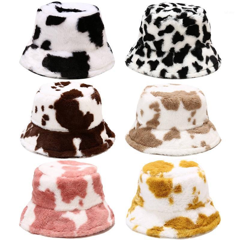 

New Winter Cow Print Plush Bucket Hats For Women Tourism Outdoor Warm Hat Soft Velvet Fisherman Cap Lady Fashion Panama Present1, Bk1