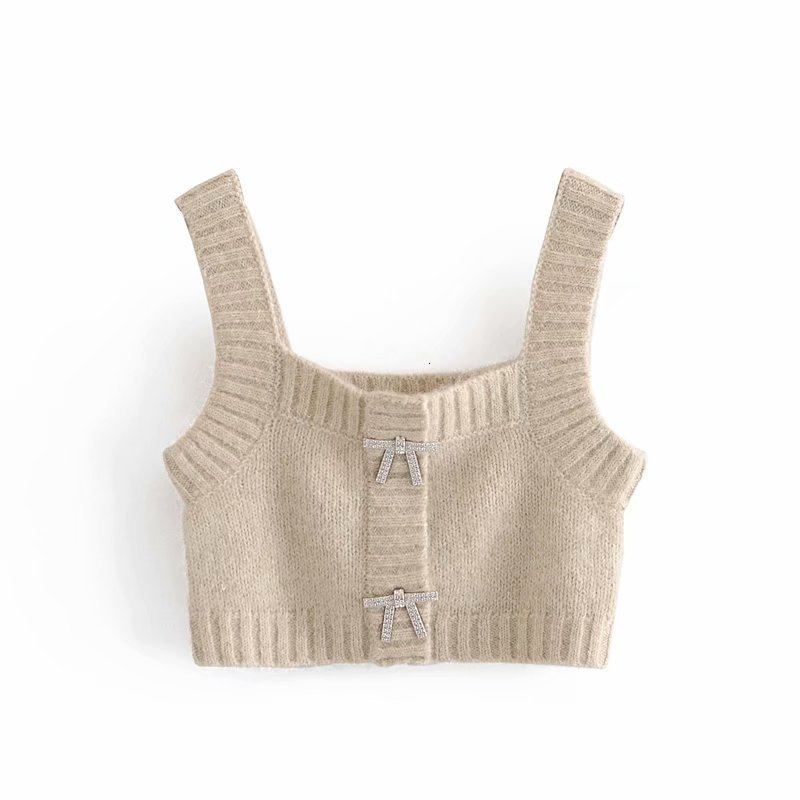 

2021 New Elegantes Arco Diamante Boto De Malha Moda Senhoras Gola Quadrada Camis Streetwear Feminino Doce Topos Meninas Chique F8k5, Beige