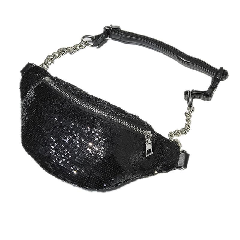 

Fashion Waist Bags for Women Waist Pack Casual PU Leather Sequin Bum Fanny Pack Running Belt Bag Money Phone Pouch Chain Hip Bag, Black