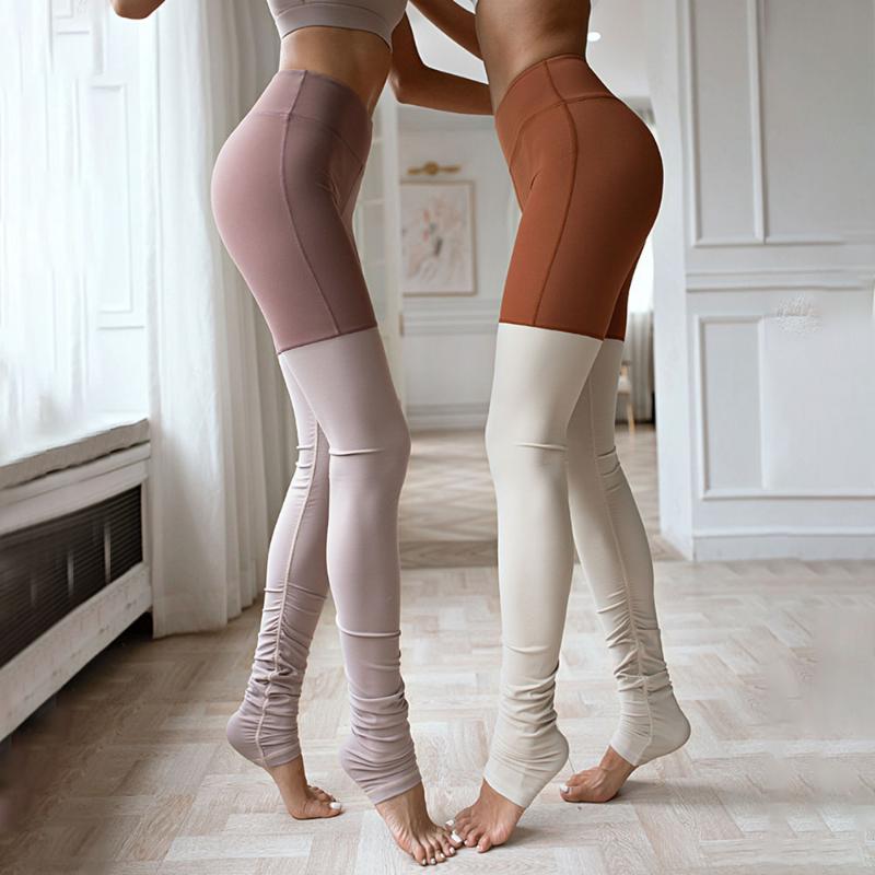 

Autumn Winter High Waist Women Patchwork Yoga Pants Sports Training Knitted Tights Gym Leggings Fitness Workout Step Trousers, White brown