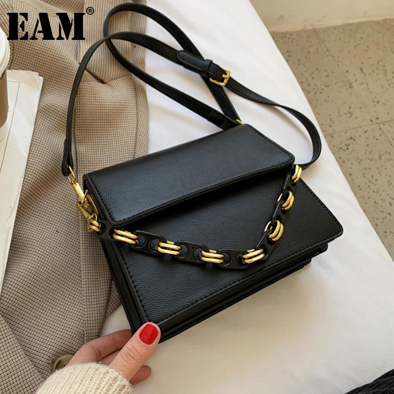 

[EAM] Women New Small Chains Khaki PU Leather Flap Personality All-match Crossbody Shoulder Bag Fashion Tide 2021 18A1167, Black