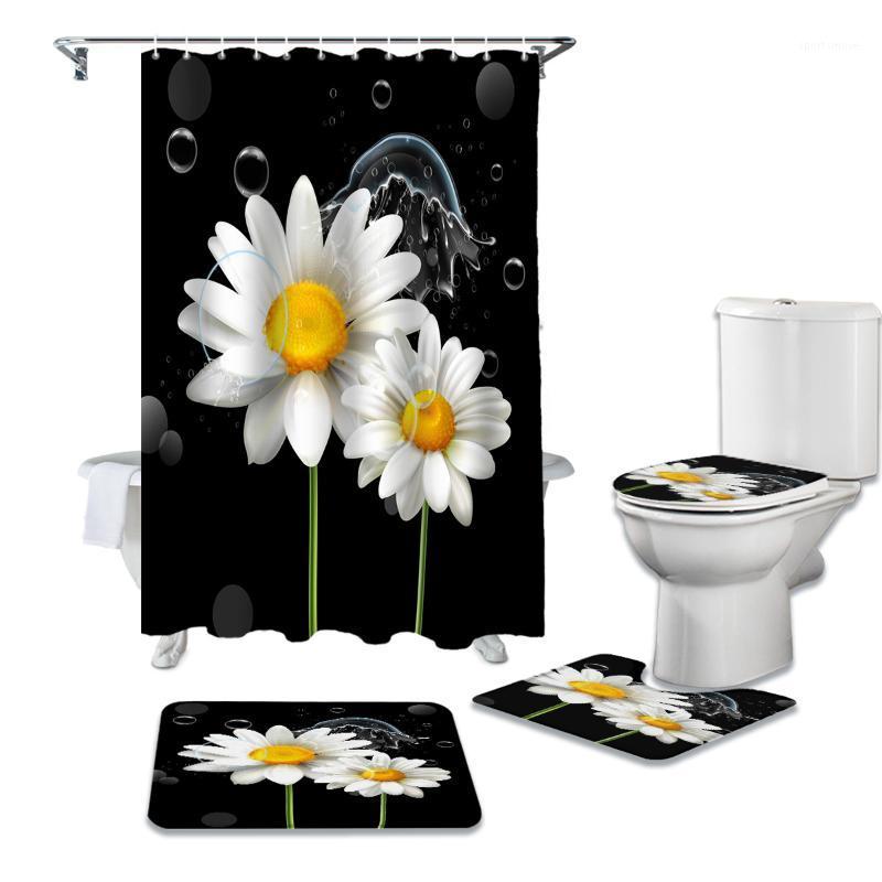 

White Daisy Flower Waterdrops Durable Waterproof Shower Curtain Set Bathroom Rugs Carpet Toilet Seat Cover Pad Floor Mat1