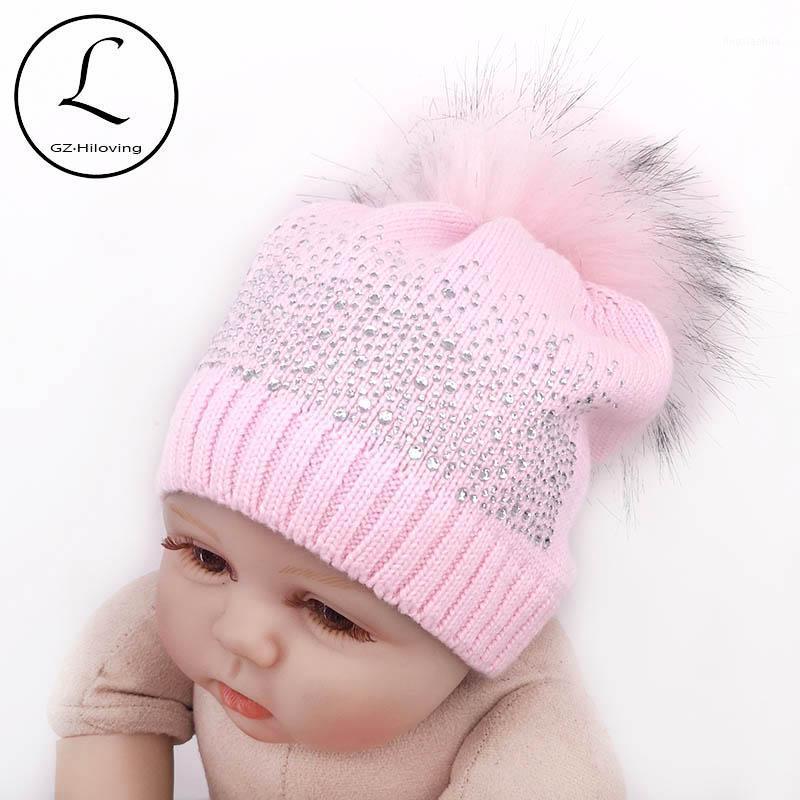 

Newborn Baby Girls Rhinestones Cotton Knitted Beanies hats and Caps Kids Childs Toddler Faux Fur Pompom Hats Girls Skullies1, Black2