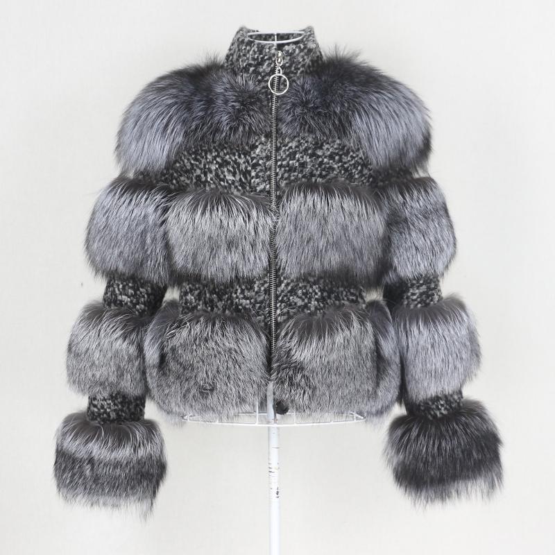 

OFTBUY 2021 Real Silver Fur Coat Winter Jacket Women Natural Raccoon Fur Weave Wool Stand Collar Plaid Outerwear Streetwear, Beige