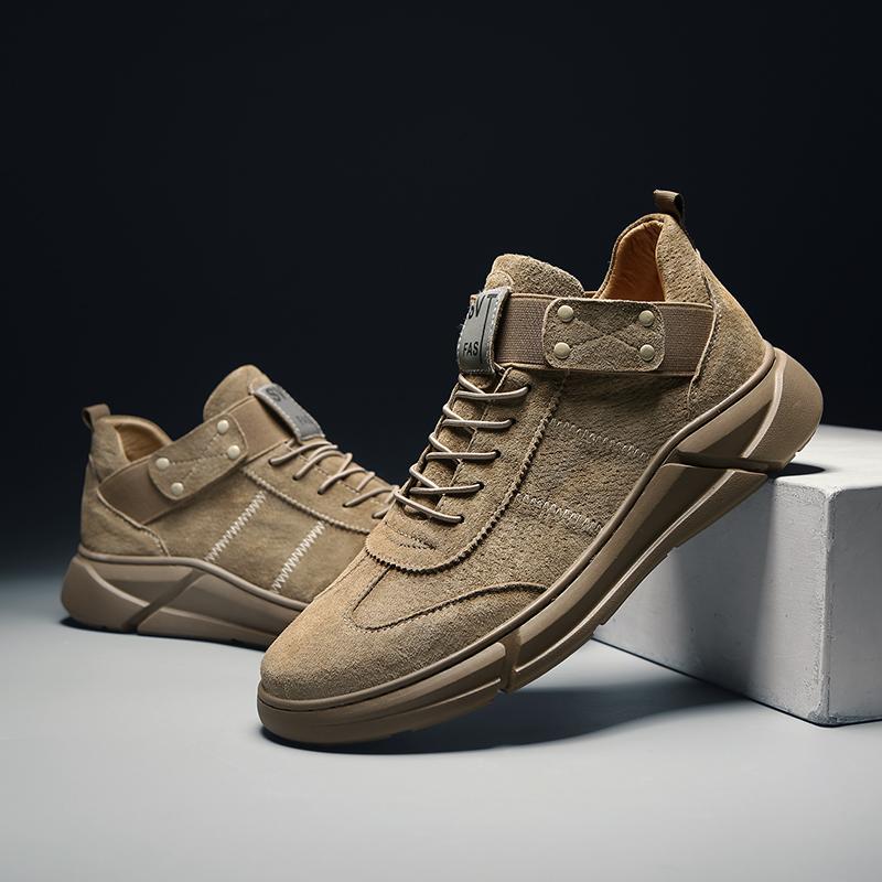 

Men's New Elasticated Leather Boots Fashion Casual Sports Shoes Leather Tide Shoes, Khaki