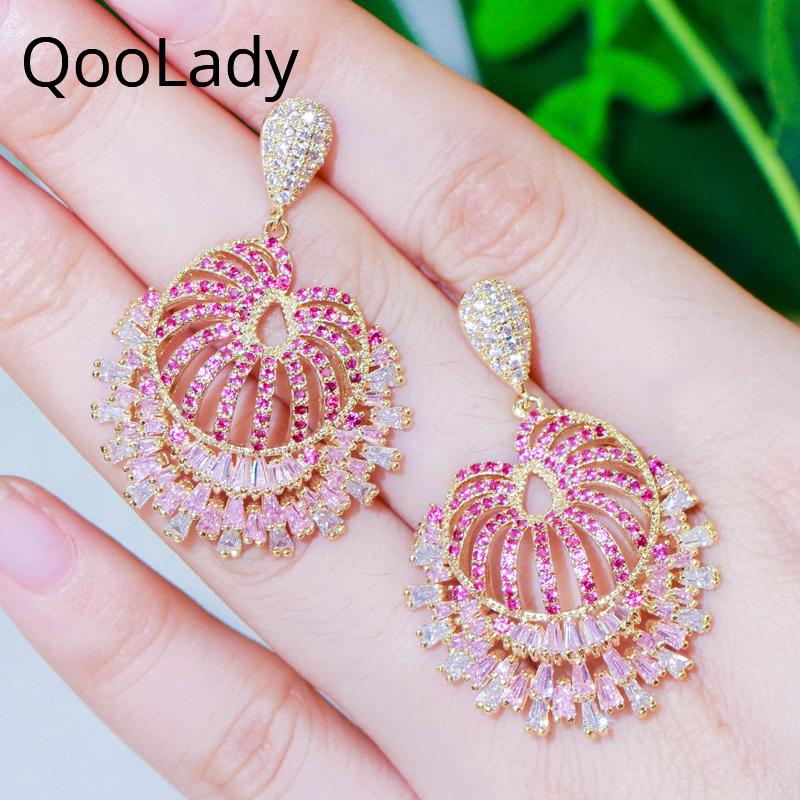 

QooLady Exquisite Red Spiral Long Big Drop Earrings Pink Baguette CZ Stone Gold Color Sweet Bridal Wedding Party Jewelry E223