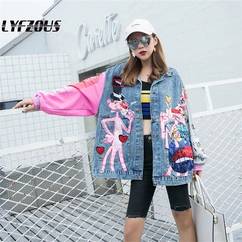 

New fashion Sequins denim jacket women Cartoon printing Loose jeans jackets Lady streetwear coats free shipping 201106, Blue