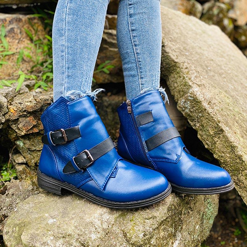 

Women Retro Buckle Strap Boots Ladies Pu Leather Chunky Heels Sewing Fashion Shoes Woman Zipper Comfort Boots Female Footwear, Blue