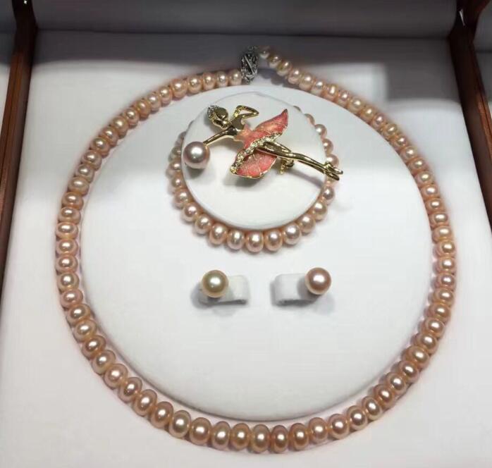

free shipping 8-9mm white Lavender Freshwater Pearl Necklace Bracelet Earrring brooch Sets free Collocation, As pic