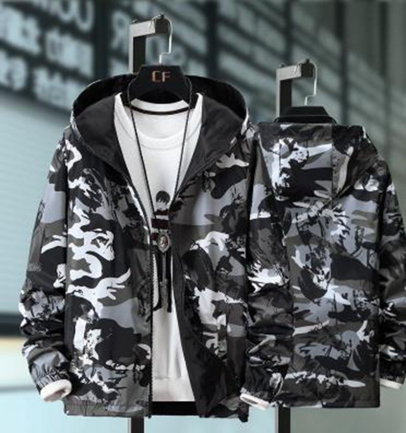 

Wholesale fashion new men's spring and autumn two-sided camouflage hooded thin jacket M-7XL, Gray