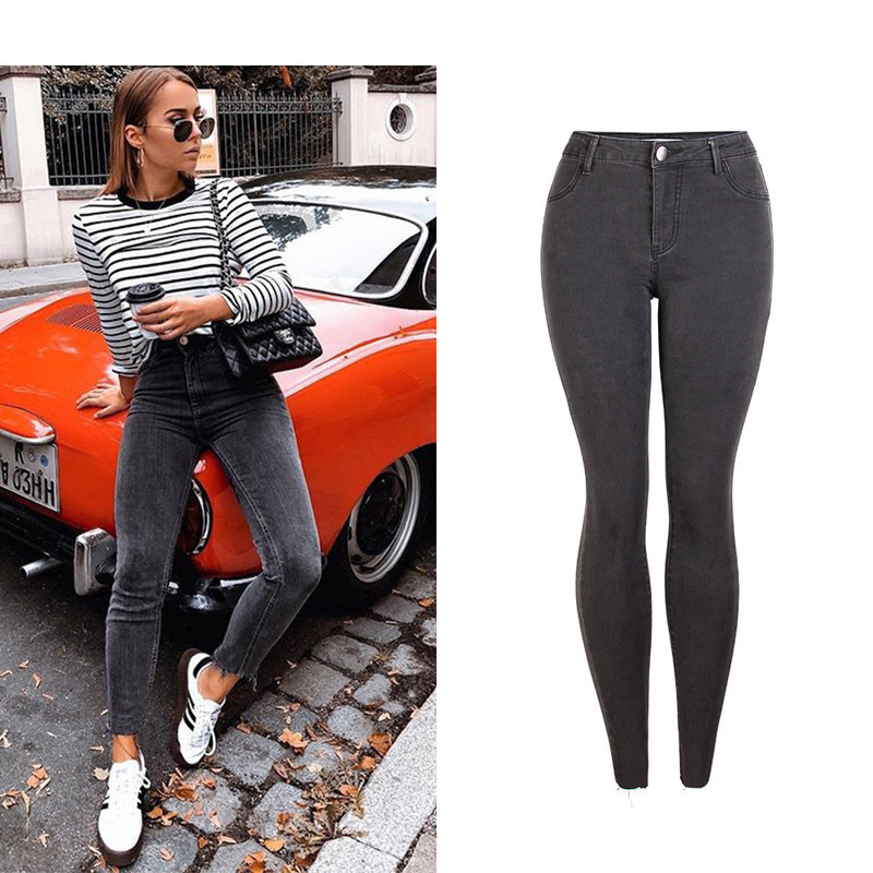 

2020 Simple New Warm Little Leg of Female Brim High Waist Thin Pencil Dark Gray Pants Bq0h