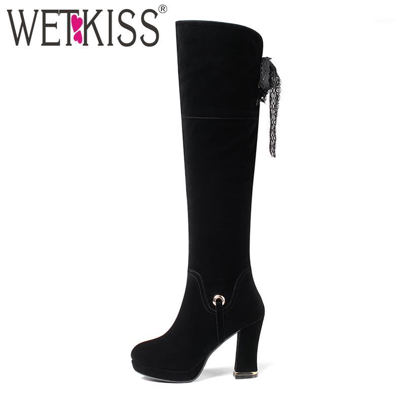 

WETKISS Ladies Black Flock Knee Boots Elegant Lace Thick High Heels Winter Female Boot Platform Zipper Women Boots High Quality1