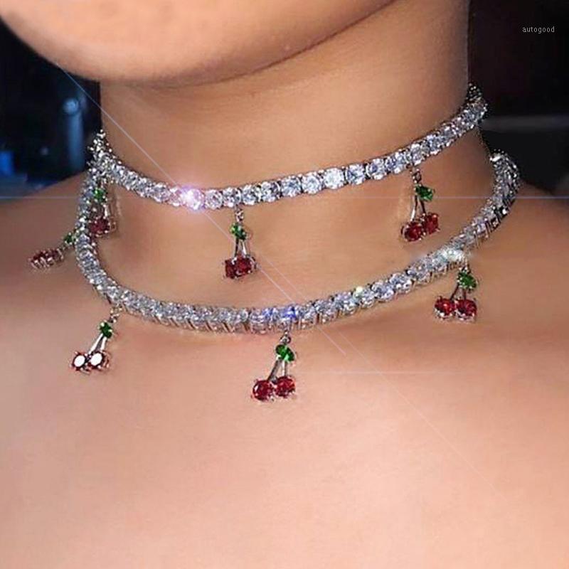 

Chokers Red Cherry Pendant Crystal Chain Choker Necklace Aesthetic Girl Birthday Party Accessories For Women Weddings Chic Jewelry1