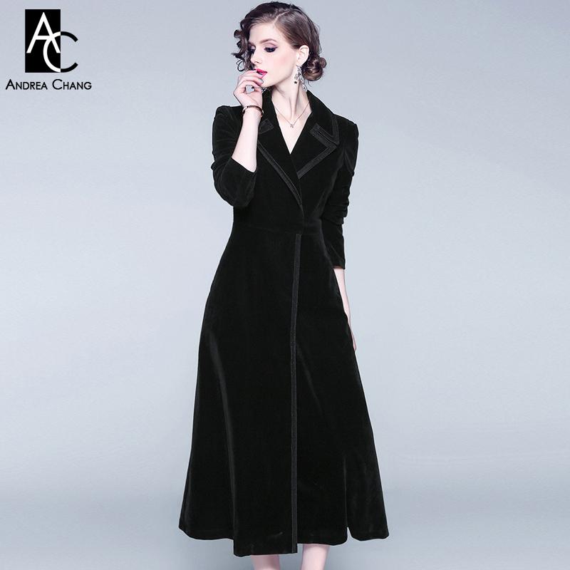 

XXL autumn winter woman outwear long coat trench notched collar black velvet trench long coat ankle length vintage office