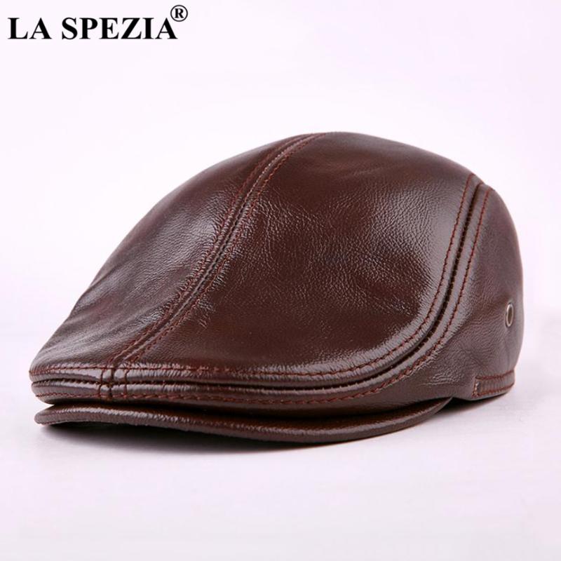 

LA SPEZIA Classic Beret Caps Men Warm Genuine Leather Caps Ivy Windproof Duckbill Hat Burgundy Winter Flat Hats, Black