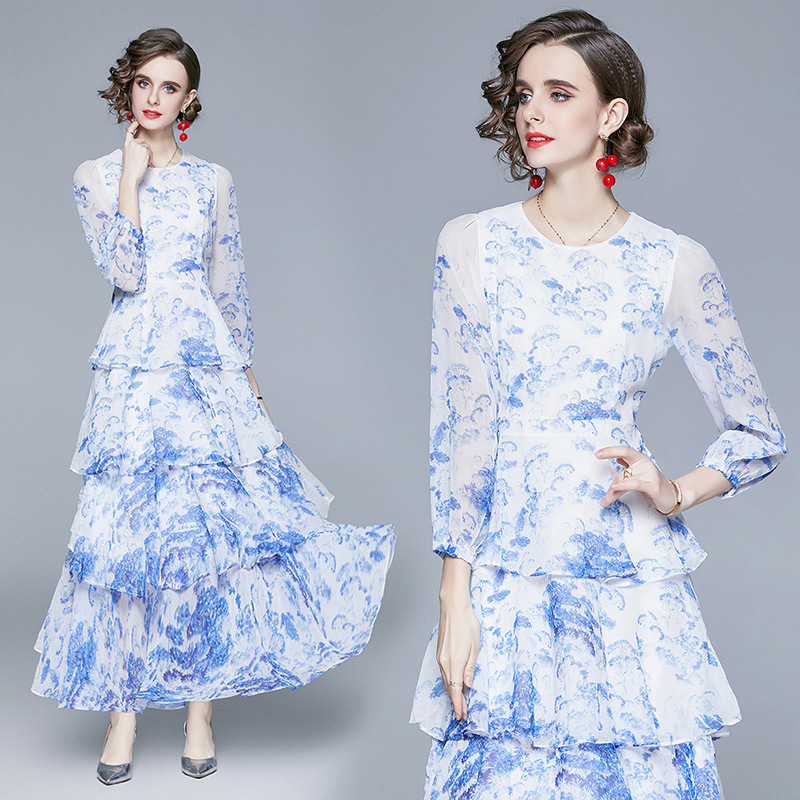 

High Quality Womens Dress Designer Long Sleeve New Spring Women's Wear Sexy Round Neck Long Sleeve Fashion Chiffon Print Long Women's Dress, Blue