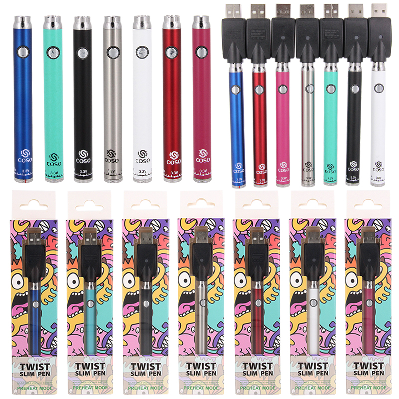 

COSO 380mah bottom twist variable voltage preheating battery 3.3V-3.8V charger kit with 20pcs display box for thick oil vape cartridges