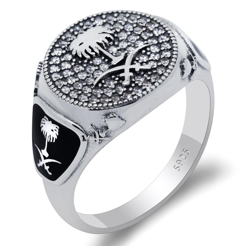 

New 925 Sterling Silver Ring for Men Women Double Swords Man Ring with Clear CZ Palm Tree Vintage Islamic Turkish Jewelry