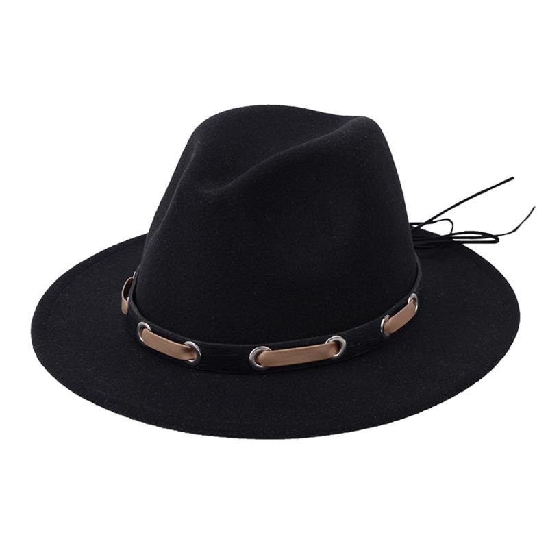 

New Fashion Men Women Unisex Wide Brim Panama Hat Autumn Winter Classic Felt Fedora Hat with Belt, Black