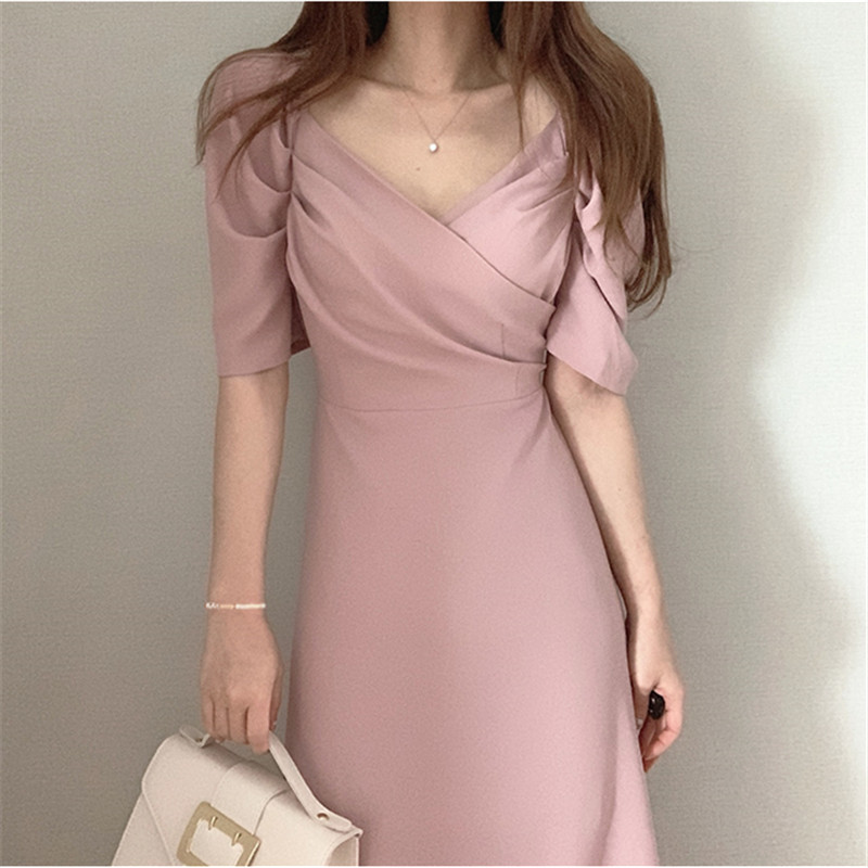 

2021 New Fancy Korean with Vintage Cleavage Waist High Puff Chiffon Summer Long Holiday Elegant White Party Dress FJ1E, Pink