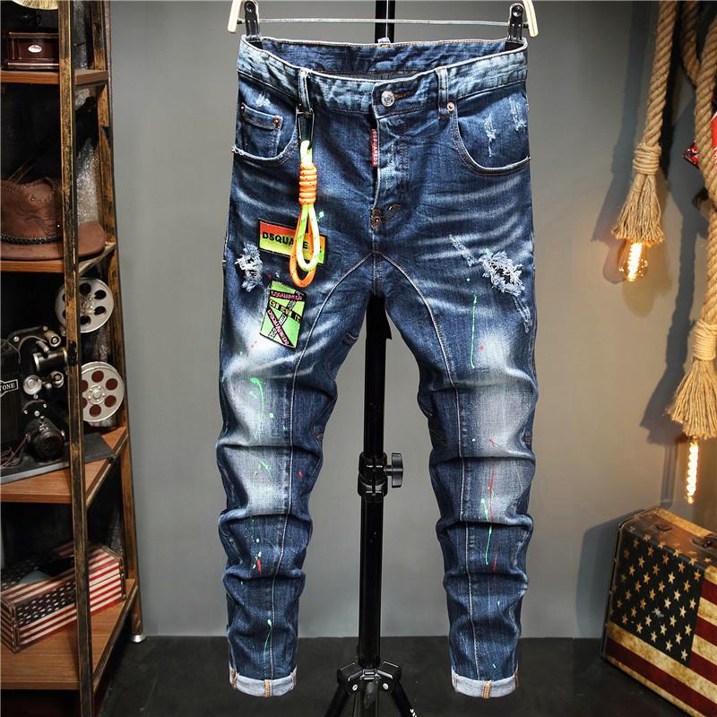 

European Italy blue men brand jeans pants Men slim jeans patchwork Moto & Biker pants blue hole skinny for, Beige
