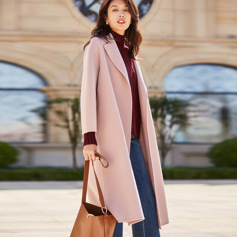 

Women double sided wool cashmere overcoats winter woolen jackets high end long handmade candy color outwear plus size, Pink