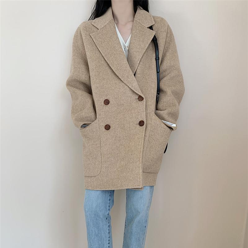 

Women Woolen Coat Winter Casual Loose Double-breasted Big Pockets Winter Jackets For Female Minimalist Solid Warm Topcoat 4color, Black
