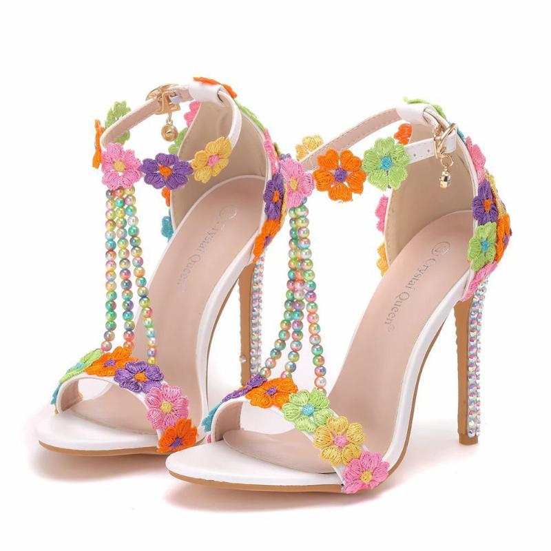 

Super high-heeled sandals one-word buckle stiletto fish mouth Roman open-toed sandals11 cm beaded sexy high-heeled wedding shoes