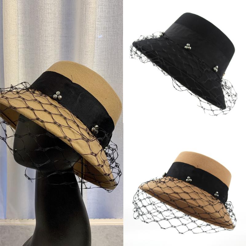 

Winter Net Yarn Beads Woolen Cloth Ladies Elegant Little Top Hat Jazz Hat Warm Wild Basin Belt Decoration, Khaki